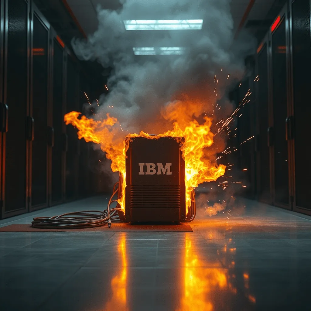 Servidor IBM en llamas en un centro de datos